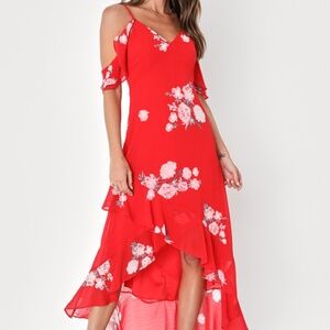 Lulus Love In Bloom Red Floral Print Off-the-shoulder High-low Dress - Size M